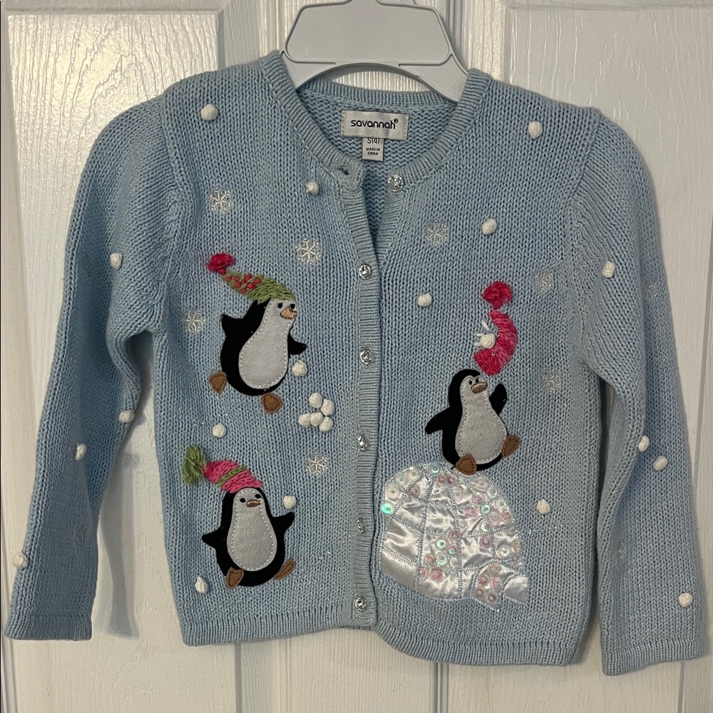 Savannah Kids' Light Blue Penguin Cardigan Sweater